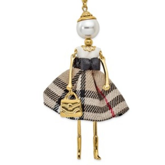 Gold-tone Faux Pearl Plaid Doll Charm with Chain - Picture 2 of 2